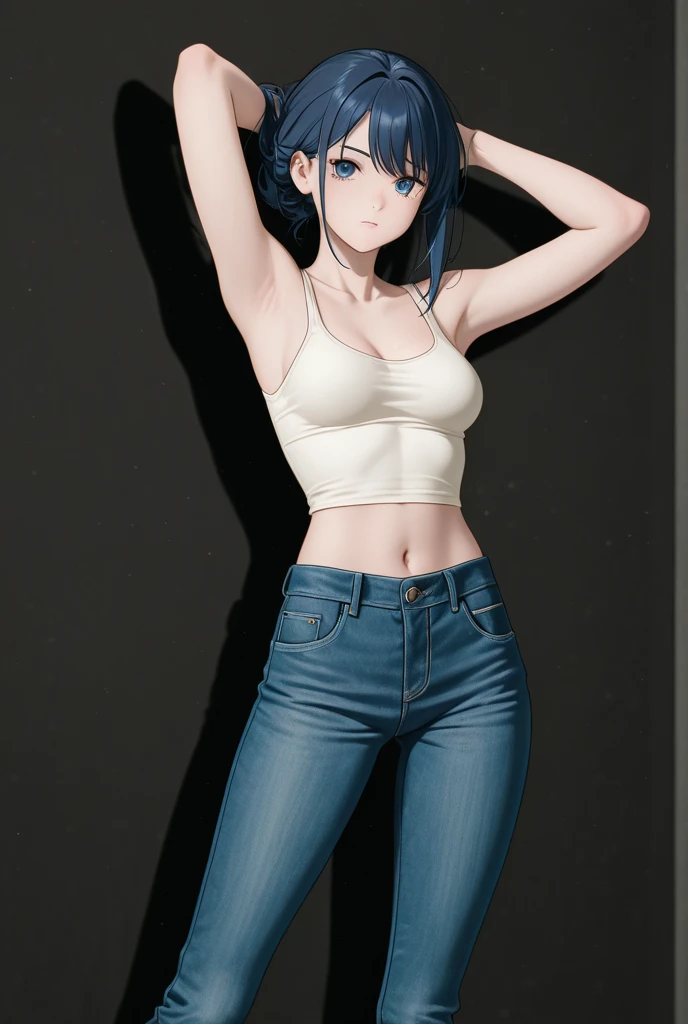 (8k, RAW photo, best quality, masterpiece:1.2), (intricate details), perfect eyes, perfect face, perfect lighting, beautiful, (masterpiece:1.2), (best quality:1.2), 1girl, solo, marinette, blue hair, (( loosen hair)), adult torso, 19 years old, slight smile, huge sized breasts, ( crop top, shorts), cowboy shot, 3DMM, standing, front view