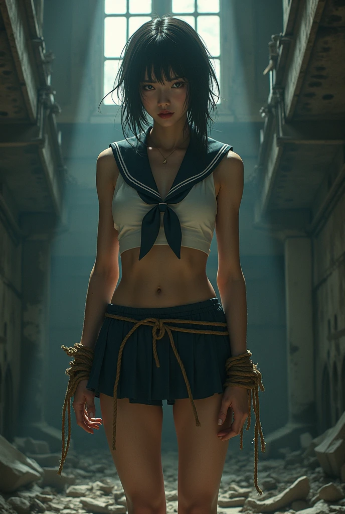 (RAWphotograph:1.4), (Photorealistic:1.3),(masterpiece), Highest quality, Highest quality, Highly detailed CG Unity 8k wallpaper, Detailed and sophisticated, original,High resolution,photograph,A high school girl held captive as a prisoner,女子高生は鉄格子で囲まれた薄暗いSolitary confinementの中にいる,女子高生はhandcuffsをされている,The high school girl is chained,設定は小さなベッドのある典型的な刑務所のSolitary confinement,Iron-barred windows, Worn floor. The overall atmosphere is heavy,Thoughtful, The soft lighting accentuates her emotions.. Japanese high school girl as a female prisoner,Round sexy ass,Big natural wet breasts, Prison Settings, Solitary confinement,両手にhandcuffs,Restrained by chains,Jail,両手のhandcuffsを鎖でつなぐ,Chain on the waist,Crotch rope,Take off your bra,Expose the chest,Go shirtless,Strip the lower half of your body naked,Completely naked、Chastity belt,chastity belt,Crotch rope,Crotch rope,Prison physical examination,Japan Prison,Japan prisoner uniform,handcuffs,handcuff,prison,arrest, Anatomically correct