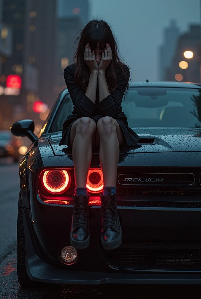 full body shot, entire body in frame, punk rock style girl with closed eyes sleeping wearing shorts is sleeping inside a car theres a windown next to her with raindrops, night light cinematic