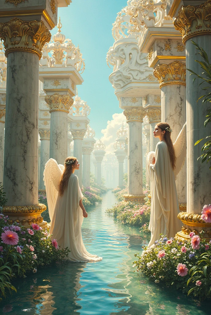  (masterpiece:1.0), (best quality:1.4), (ultra highres:1.2), (photorealistic:1.4), 8k resolution, Canon EOS R5, 50m)), ((ethereal)), angels, paradise, wings, halo, soft light, beauty, peaceful, serene. in the heavenly paradise, ethereal angels with magnificent wings and halo they are perfect and her body remains the marble.their poses of unparalleled beauty. they are wearing a heavenly outfit with whithe feather perfecly fit in their backs, with amazing bodies and beautiful blue eyes))wearing also golden lace ribbons. ((in the paradise garden there is a fountain of youth with many trees and flowers around a big lake and marble palace and statues, raw, 8k, looking at viewer's high definition. 