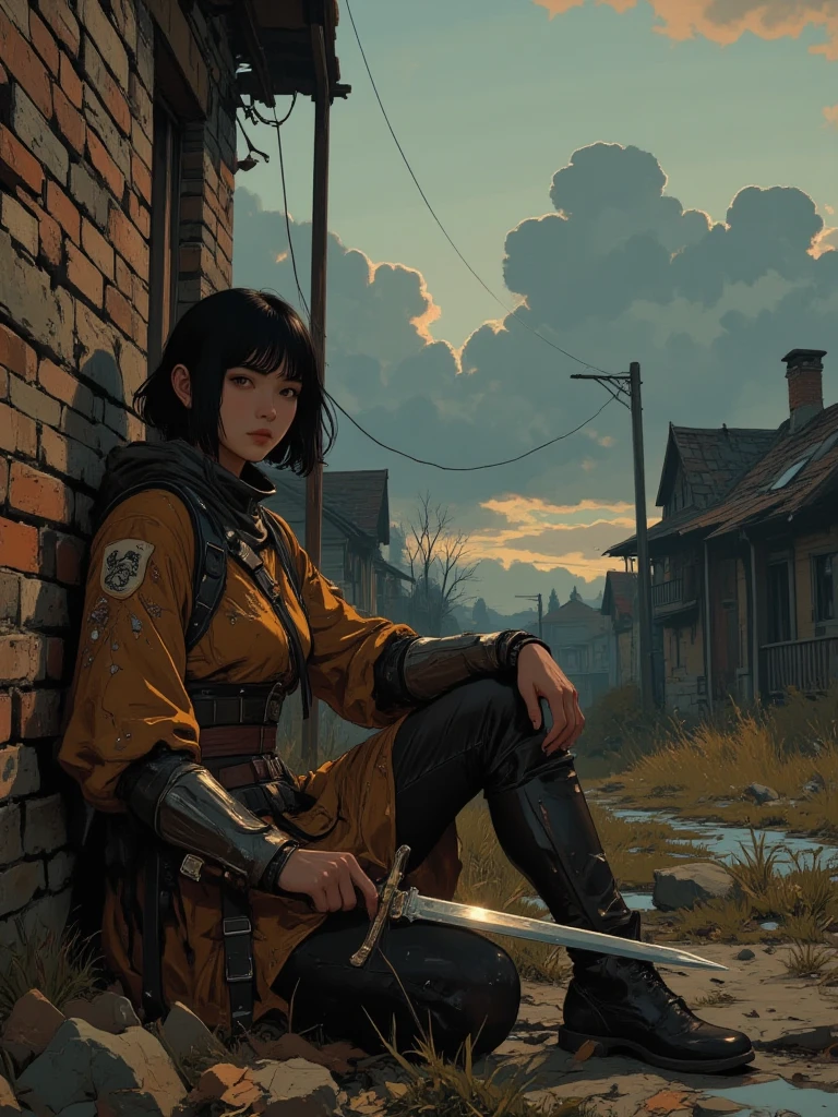 1 girl, full frame, from below, low angle shot,
Slavic warrior girl on the battlefield、
very detailed, ULTRA HIGH DEFINITION, 8 k, photorealistic, dslr photo , natural light, sharp focus, cinematic lighting, realistic skin texture,
girl sitting, Leaning her back against a brick wall、 Young Slavic warrior girl sitting on one knee、 Beautiful medium length black short hair、 tired , but a tense expression on her face、 Her face is focused on、 Looking suspiciously、 Dressed in a medieval peasant leather armor、 Her clothes are worn out and stained、 She has a short sword in her hands、 
photorealistic стиль,
There is a war-torn village around、 The gloomy autumn sky、 
