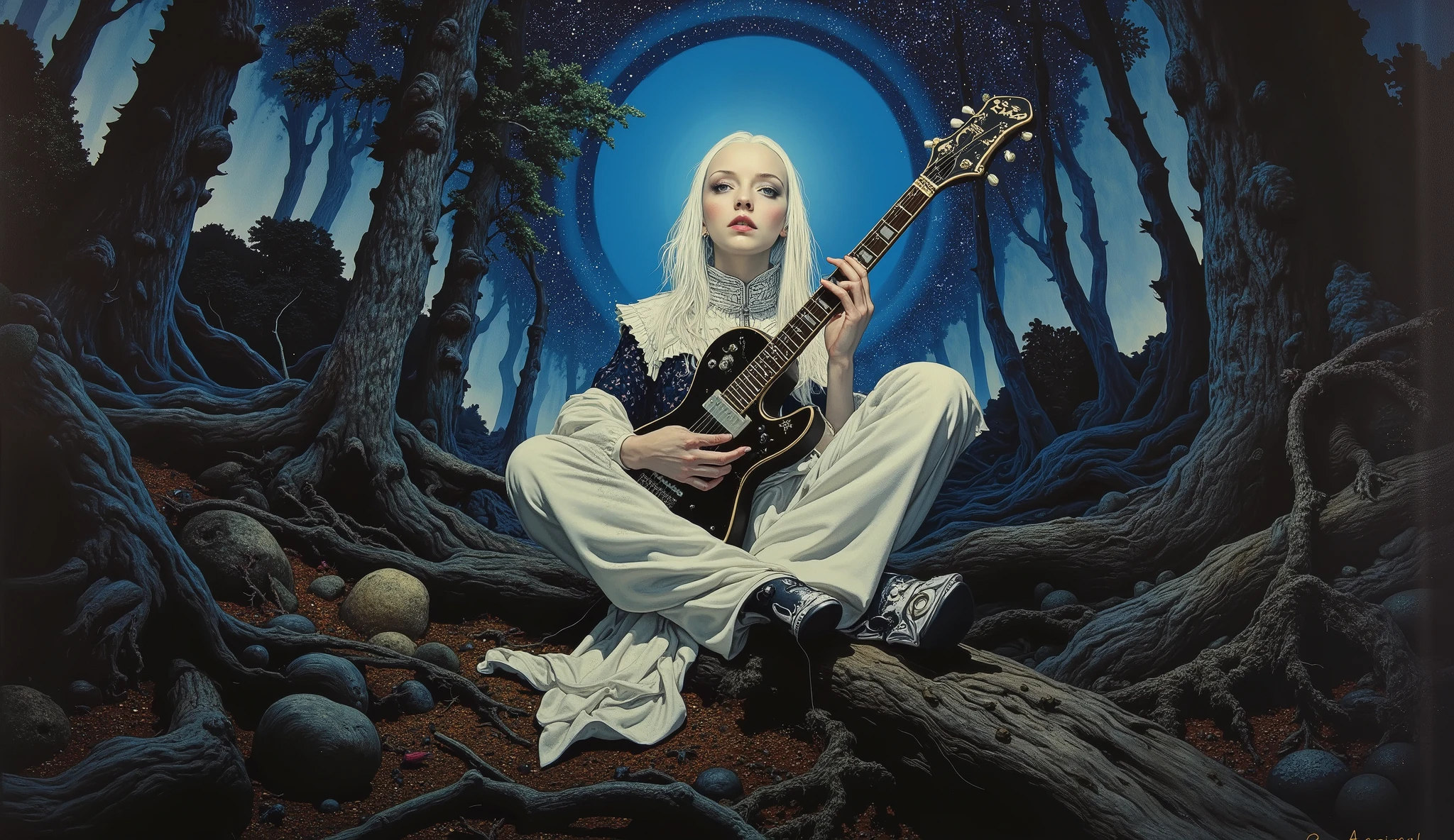 (( Bartolomé Murillo)) ((Cyberpunk's)), unique , In the woods starry sky, halo, , , ,sexy, , Blonde Long, ((Bartolomé Esteban Murillo style)), darkness,SF, ((top quality, masterpiece)), (More Rights , 高details), 8,000,Canvas Oil Painting
Her porcelain-white skin、Glowing Softly, Extraordinary Beauty . sexy((top quality)), ((masterpiece)), ( details),two female persons, guitarist & vocalist , ,30yers old, beauty, information(masterpiece, Best Quality, bst quality, Official Art, beautiful and aesthetic :1.2), ( 1 girl), Extremely Detailed ,( Fractal Art :1.3),colorful, Best details, Alphonse Mucha , black Hair, blue Eyes 、zodiac, Elegance, clear, Elegant, playing a fender electric guitar , slim legs, super low angle,