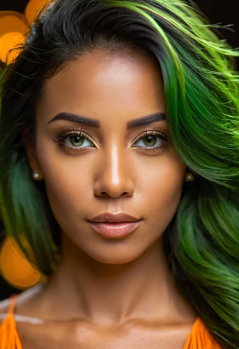 FACE SHOT OF LOVELY BEAUTIFUL BLACK WOMAN, HUGE LONG BLACK HAIR, VOLUMOUS DREAD HAIR STYLE, SOFT BROWN SKIN, JADE GREEN EYES, EXPRESSIVE JADE GREEN EYES, LOVELY FACE EXPRESSION, CLOSED MOUTH, ROSY CHEEKS, HIGH CHEEKBONES, MENTAL FORAMEN, STRONG SHOULDERS, STRAPLESS CLEAVAGE, BLACK STRAPLESSDRESS, BUST IMAGE, FRONTAL ANGLE SHOT, DARK BACKGROUND, DIFUSED LIGHTS, MASTERPIECE