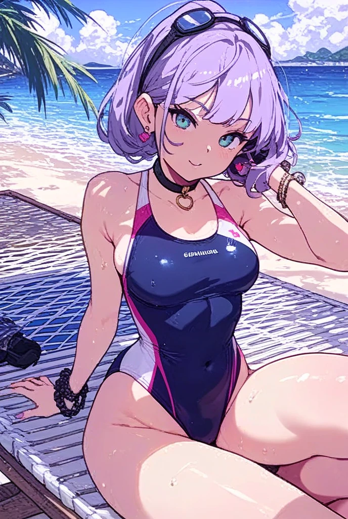 best aesthetic, Furina, 1girl, solo, long hair, breasts, looking at viewer, smile, bangs, very large breasts, really huge butt, big butt, swimsuit, cleavage, pink lipstick, kiss marks, outdoors, sky, day, bikini, cloud, tree, water, pedal, blue sky, purple bikini, pink pool float, inflatable butterfly wings, beach ball, sunglasses, palm tree, beachball, beach umbrella, ocean waves, a beautiful young woman wearing a purple bikini and sunglasses, lounging on a pool float in a sparkling blue pool. She is surrounded by tropical flowers and palm trees, and the scene is set against a backdrop of a bright blue sky with fluffy white clouds. The woman's pose is sexy and seductive as she floats in the pool, enjoying the sunshine. The colorful flowers, pool float, and her bold purple bikini all contribute to the fun, summery vibe. The overall atmosphere is cheerful and lighthearted, capturing the essence of a perfect poolside day.