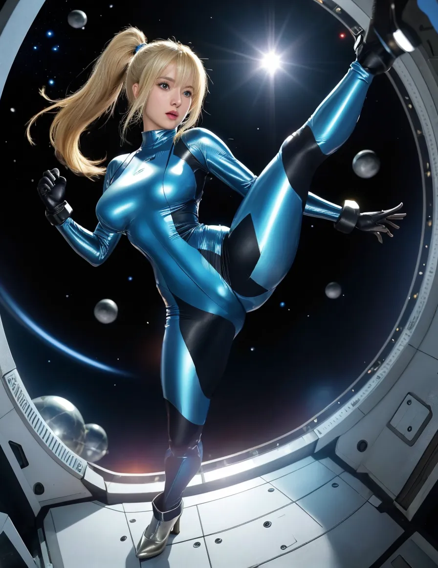 samus open thighs,Chisato Morishita wide open legs ,solo,mole,torn zero suit,camel toue,coverd nipples,blue eyes,ponytail,gun,Space Station,METROID,