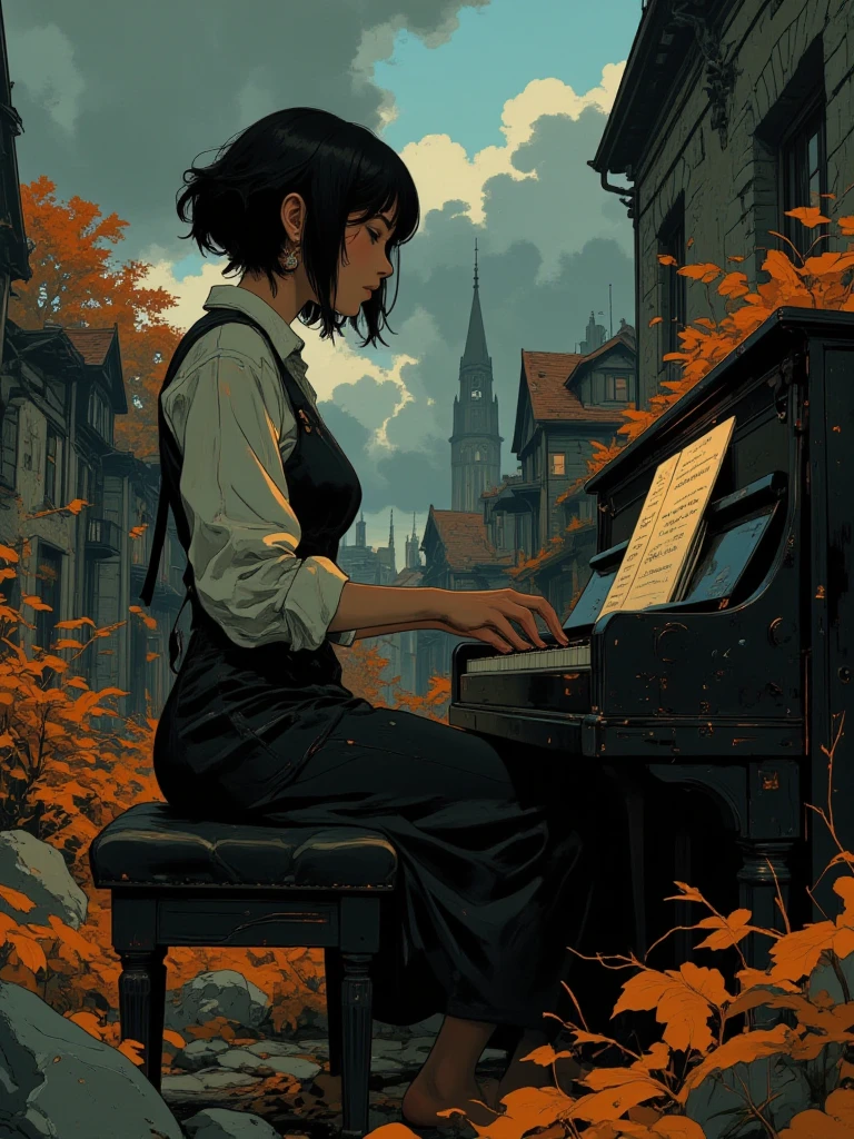 ((Young girl playing piano.. She looks at notes.)), (((profile))),  вид from the side, from the side, kachestvo, highly detailed model, is focused High detail, (((soft))), ((matte and toy hair with a premium handmade look)), ((( Tim Burton style ))), beautiful woman, perfect body, Anime style, simple lines, soft темный, short hair, (intricate details:1.1),  beautiful detail , beautiful hair, 1 girl, ((Five toes)), Anatomically correct, 
War-torn village around、 The gloomy autumn sky、 