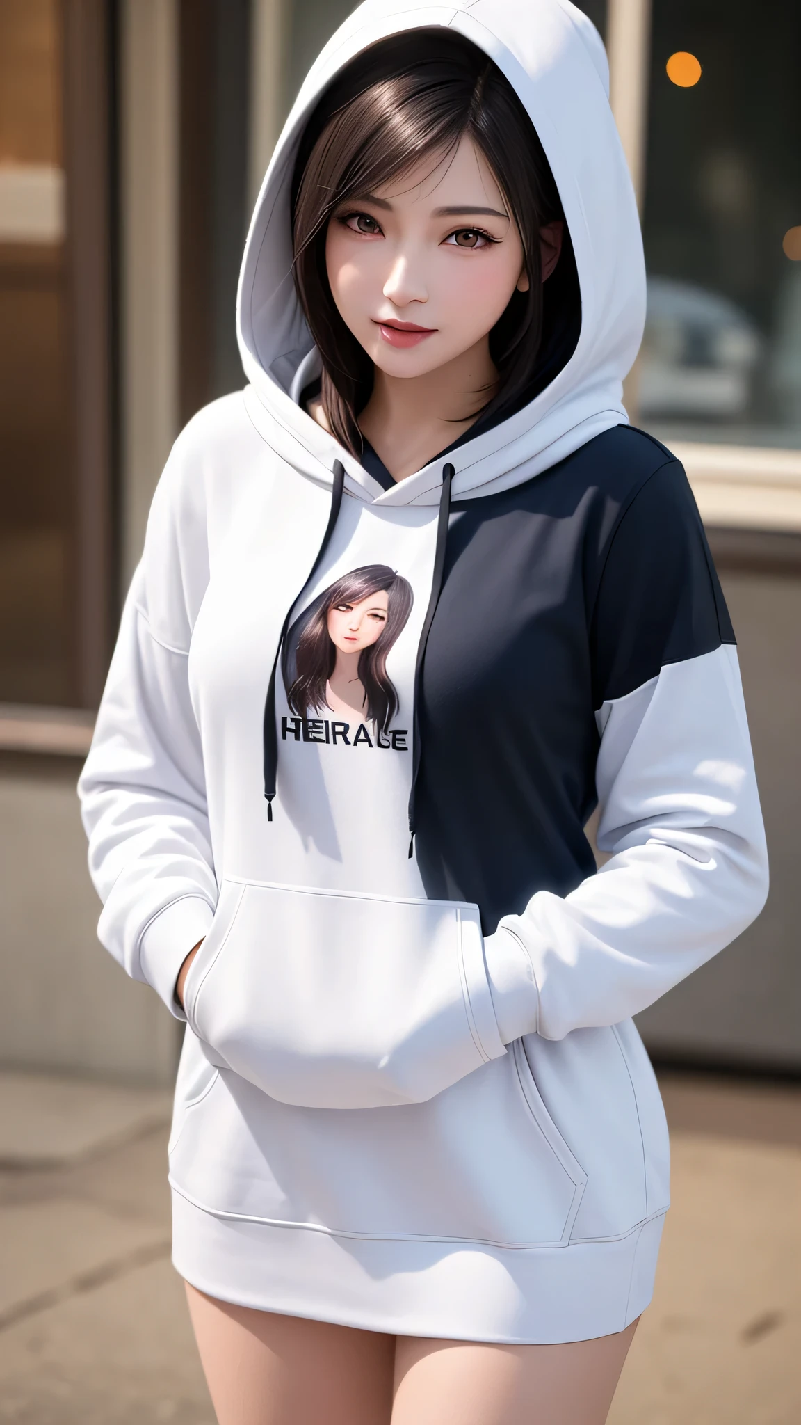 (masterpiece:1.2, best quality), (finely detailed beautiful eyes: 1.2), solo focus, (extremely detailed CG unity 8k wallpaper, masterpiece, best quality, ultra-detailed, best shadow), (detailed background), (beautiful detailed face, beautiful detailed eyes) , 1girl, noona, 1girl, solo, large breasts, (oversized hoodie:1.4), jeans, white shirt, holding handbag, High contrast, beautiful sexy woman, adult, (best illumination, an extremely delicate and beautiful),(simple backround, outdoors), looking at viewer,beautiful detailed glow,
