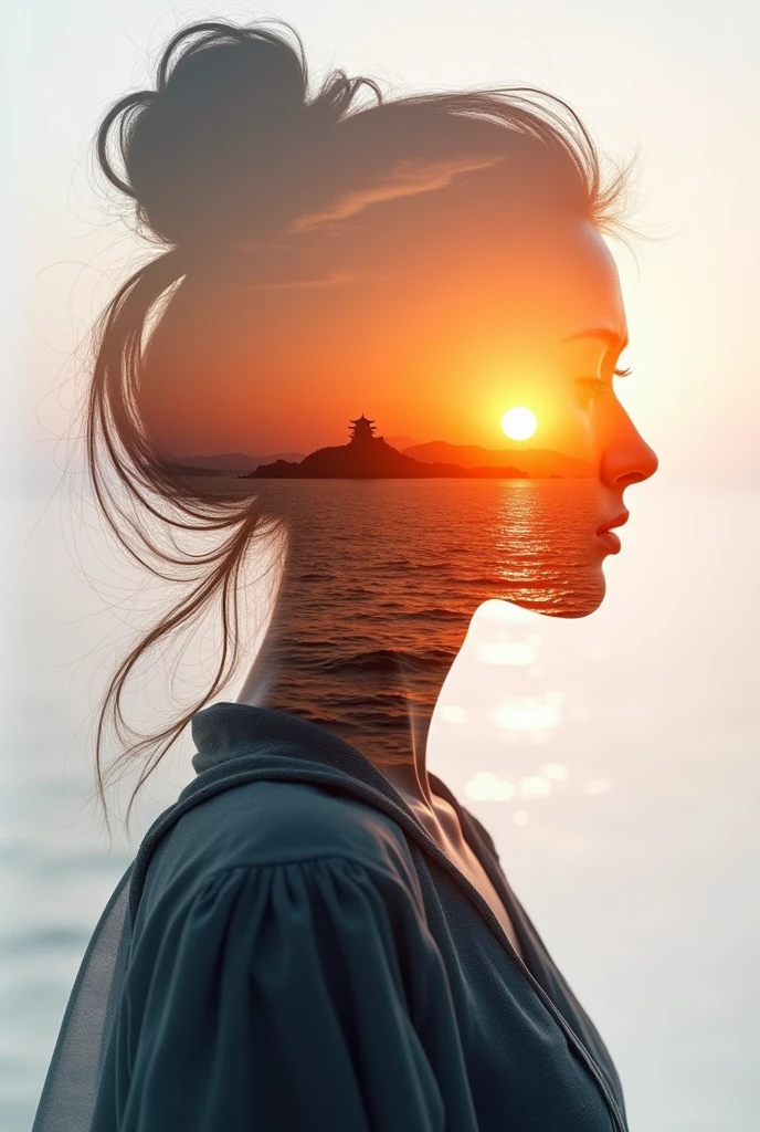 high quality, 8K Ultra HD, A beautiful double exposure that combines an goddess silhouette with sunset coast, sunset coast should serve as the underlying backdrop, with its details incorporated into the goddess , crisp lines, The background is monochrome, sharp focus, double exposure, by yukisakura, awesome full color,