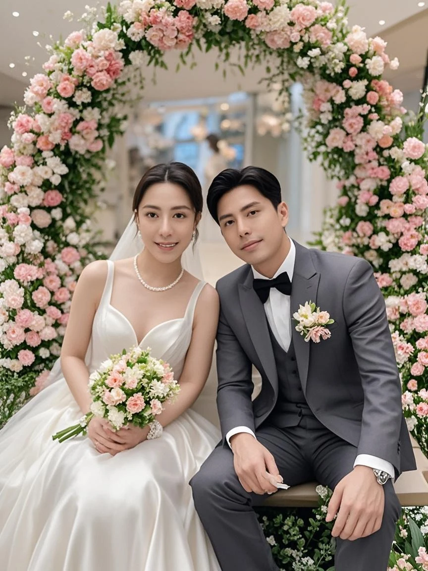 professional wedding photography, (Masterpiece), (intriciate detail), (photorealestic:1.3), (film grain:1.3), (perfect anatomia:1.3), break, Singapore, Gardens by the Bay, break, a romantic photoshoot of a handsome man and cute woman couple, wearing elegant outfits