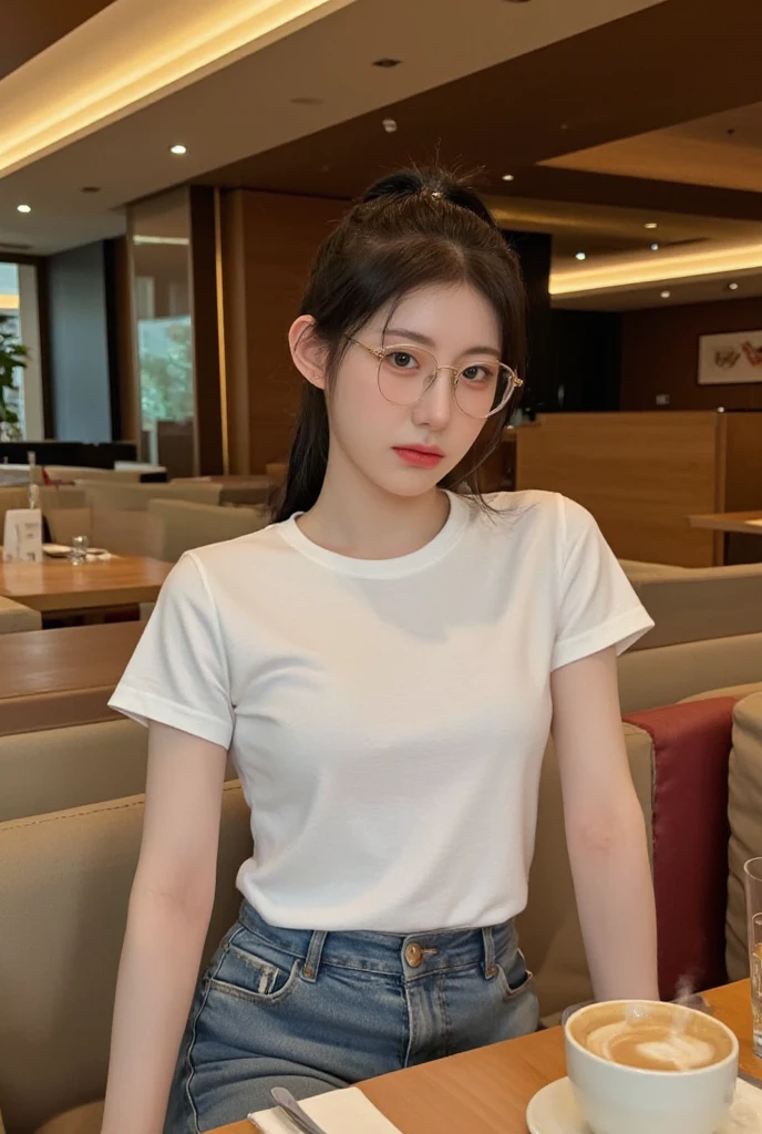 (8k, RAW photo, best quality, masterpiece, ultra detailed, beautiful:1.2), (realistic, photo-realistic:1.5), sharp focus, SIGMA 85mm f/1.4., depth of field, blur background, bokeh, cinematic, soft light,

extremely cute 1 Japanese girl with glasses, pink silver metal frame glasses, (detailed deep black hair:1.1), 18 years old, (detailed pale skin, porcelain skin, extremely detailed face:1.1), naughty smile, sexy smile, from above,  looking at viewer, detailed brown eyes, (leaning forward, sitting on a sofa, spread legs: 1.2), big breasts, (solid random color room wear shirt: 1.2), cute white detailed lace panties, sexy pose, (bare legs), cozy modern room