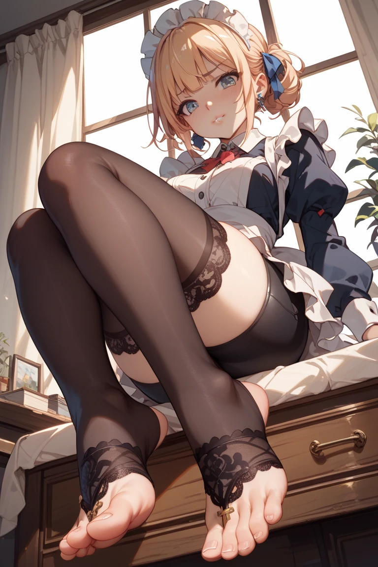 Misaka_life, with brown eye、full-body portraits、Mature and slender figure1with the16year old girl、Alone、hair slightly disheveled、Whole body from head to legs、Slightly lower composition、sit facing forward、M-shaped legs、Hold your feet、small tit、Female high school student in underwear、white bra、Not enough white panties and lacepantyhose、(Black_lacepantyhose):1.2)、White exposed through stockings、No sock room、Inside the room、In the daytime、full of sweat、Vibrant look、Be red in the face、looking at viewert、Panchiriew composition from the front、looking at viewert、White is clearly visible