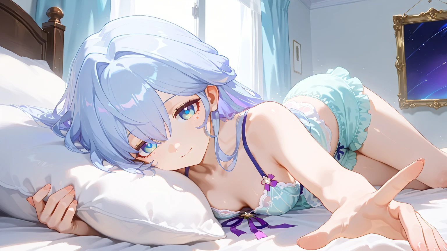((cabelo branco)), ((Olhos azul)), ((Lingerie sexy branca)), ((Deitada na cama)), ((Olhar )), ((Sorriso)), ((Cabelos longos)),