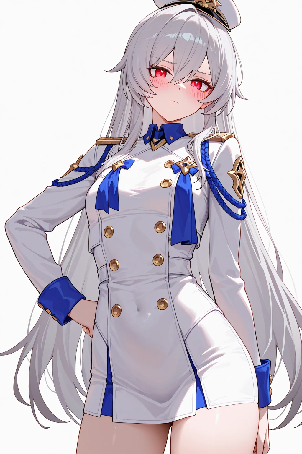 Eirudy, 1girl, solo, ahoge, thighhighs, gloves, white background, simple background, asymmetrical legwear, black gloves, looking at viewer, hand on hip, garter straps, dress, animal ears, long sleeves, pantyhose, breasts, epaulettes, bangs, single thighhigh, masterpiece, best quality,