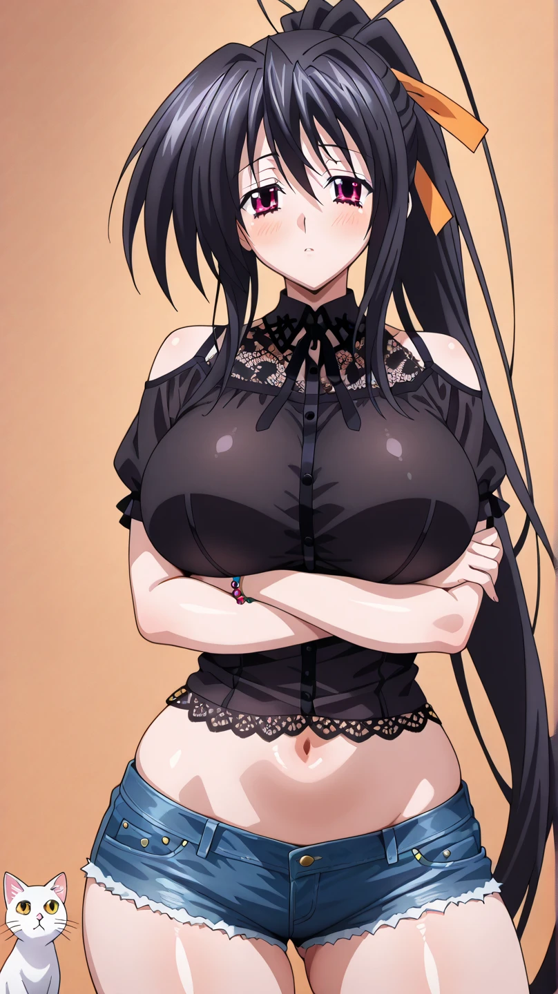25 year old human girl with Mediterranean features, very long black hair, has super gigantic breasts, slim body, torn blouse that can't contain her breasts, torn black pleated miniskirt, has a slave collar, behind is a man who she gropes her breast, each breast is tied with ropes, chained to a wall