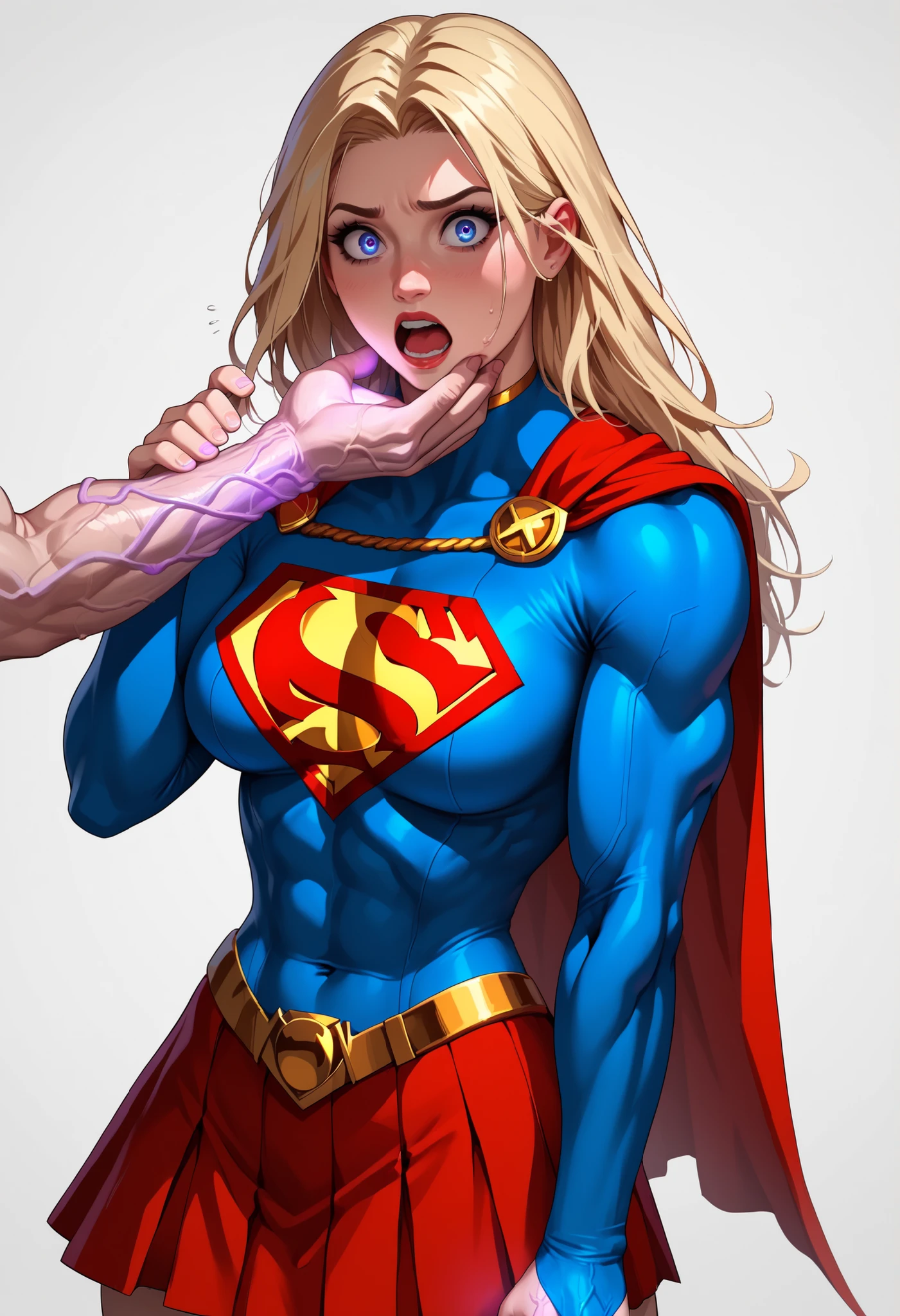 (masterpiece:1.3), (8k, Realistic, RAW Photos, highest quality: 1.4), Absurd, Charm, Ultra-high resolution, Ultra-realistic, Very detailed, Golden Ratio, (Realistic), (Best Shadow), Low contrast, (Complex:1.4), Side lighting, 8K, Beautiful Face, (Realistic Face), Beautiful hairstyle, Realistic eyes, Beautiful fine details, (Realistic Skin), Beautiful Skin, (One girl), ((Melissa Benoist)), ((SUPER GIRL)), (Accurate hand and finger depiction), Supergirl Women, ((Red cloak)), (Blonde, Long Hair:1.4), glamorous, ((Are crying:1.0)), (Frowning), ((Mouth open:1.3)),(Frightened expression:1.2), (Flushing) , (Sweat), NSFW ((fellatio)), (Giving a blowjob), (Blowjob face), deep throat, ((cum on face:1.3)), (cum on mouth:1.2), BREAK (1boy, 1penis:1.1), real penis, ((Thick penis:1.0)), Penis with protruding blood vessels, (projectile cum:1.4, excessive cum:1.5), cowboy shot
