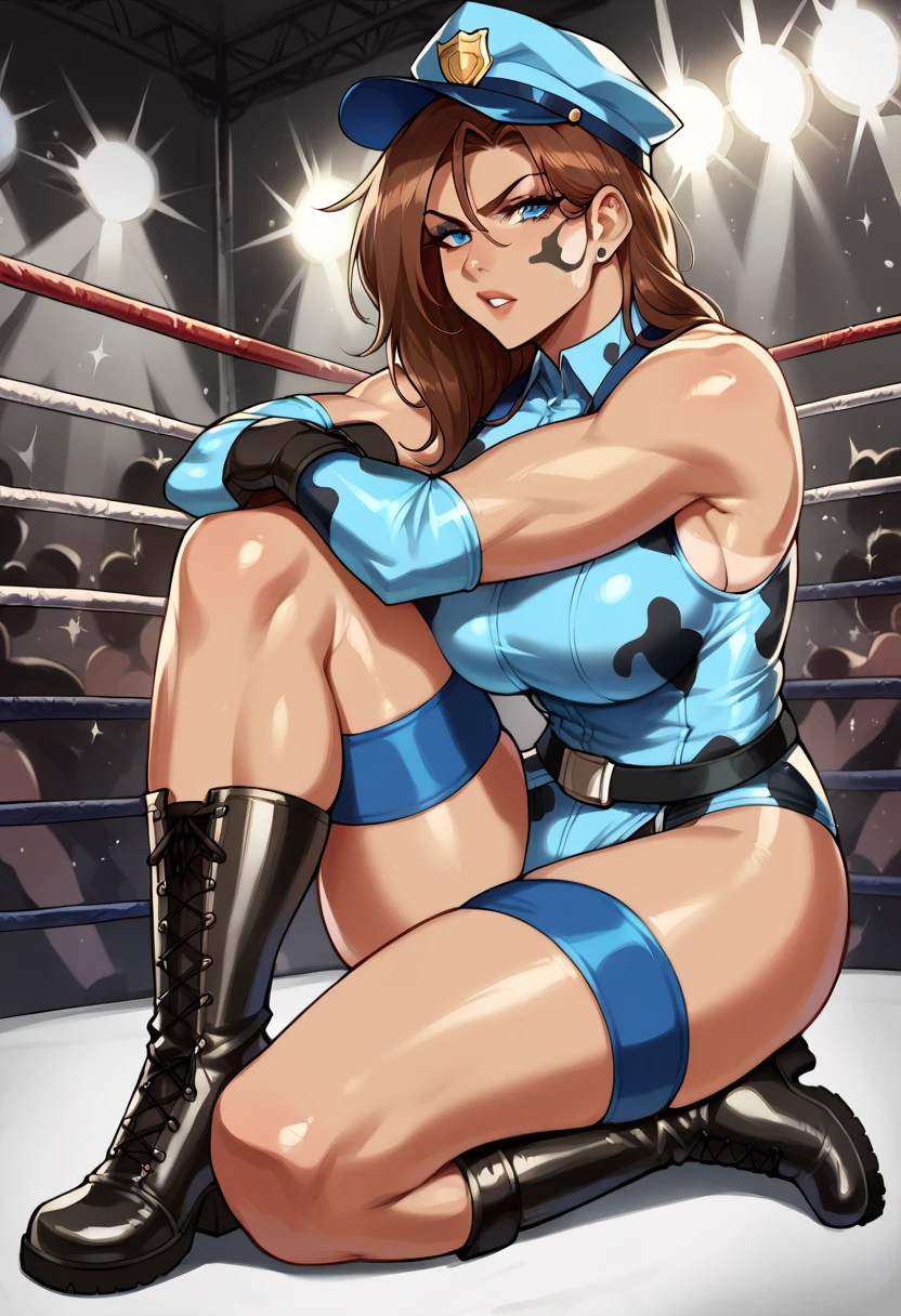 cowboy shot, upper body view, anime style: 1.8, anime drawing, ultra detailed face, ultra detailed body, 4k, Sumergai Lee Noriega, (standing), best quality, anime style, hires, highest definition, digital blending, bold drawing lines, ((slender body, female wrestler), (location: wrestling arena, crowds watching), (slender body, broad shoulders, armpit), mature woman, ((blue wrestling gear: blue micro bikini, boots, gloves, collar band, black bikini)), victorious, winner, smile, (big breasts), (big eyes, brown eyes), (warming up), (curly hair, wavy hair, long hair, missy hair), 27 years old,