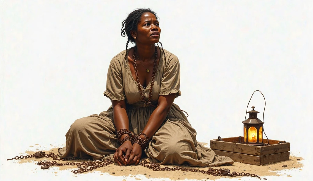 Naked middle age slave with a chain around her neck and hands tied with a rope behind a rustic house with yellow windows 