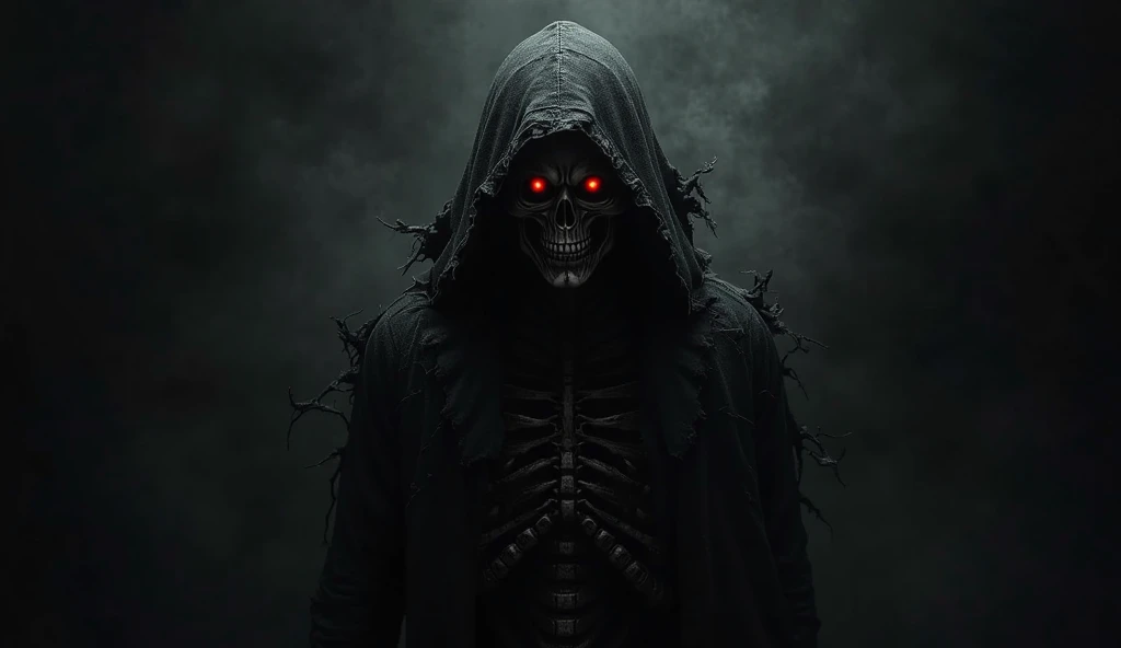 black skeleton with red glowing eyes and devil horns  only bones scary from the eternal darkness 