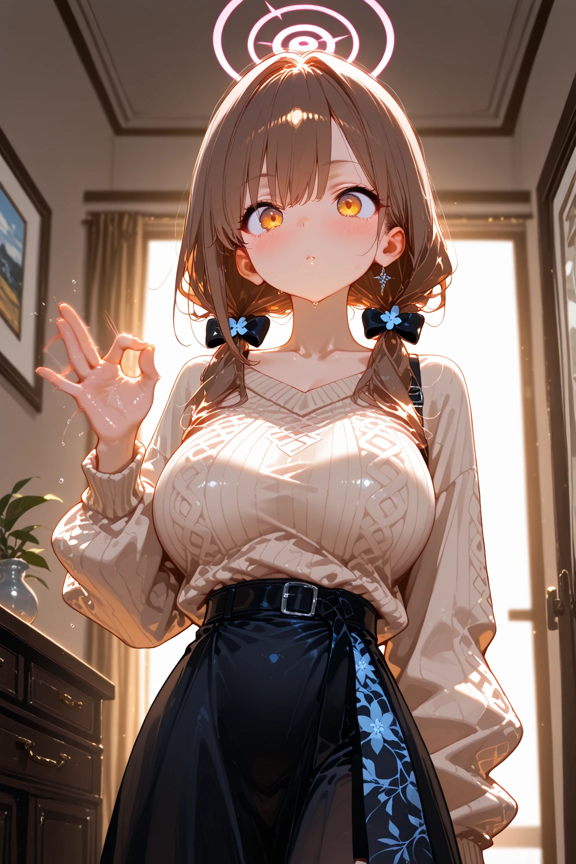 ((1girl)),  super fine illustration, vibrant colors, absurdres extremely detailed CG, 8k wallpaper, (masterpiece:1.3), dynamic angle, dynamic pose, 
best quality, depth of field, cinematic lighting, ultra detailed, brown long hair, very straight hair, large breast, white knit dress , 20yo, cute, very baby face, brown eyes, kawaii, smile, droopy eyes, arms at sides, smartphone, modern living room, peace fingers, The screen of the smartphone in his hand is facing towards me