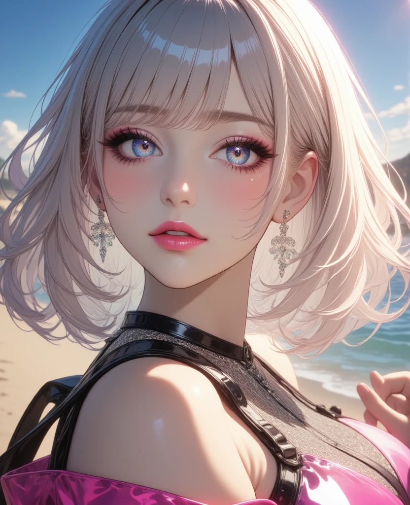 1girl, A dynamic composition of intersecting lines and geometric shapes, suggesting a sense of order and balance, In a realm of eternal spring, a majestic flower tree blossoms, its resplendent flowers blooming in everlasting celebration of life's renewal, Covered, Lady, Tall, Skinny, Square Face, Tan Skin, Strawberry Blonde Hair, silver Eyes, [[Curved Nose]], Thin Lips, Prominent Chin, Shoulder-Length Hair, Curly Hair, High Ponytail, asymmetrical breasts, Stud earrings, teal cream lipstick, Glassy luster that creates a transparent and reflective surface, :3, loving, :(, breathtaking, intricate details, absurdres, highres, ultra detailed, highest quality, amazing details, <lora:add_detail:0.7> <lora:GoodHands-beta2:1>