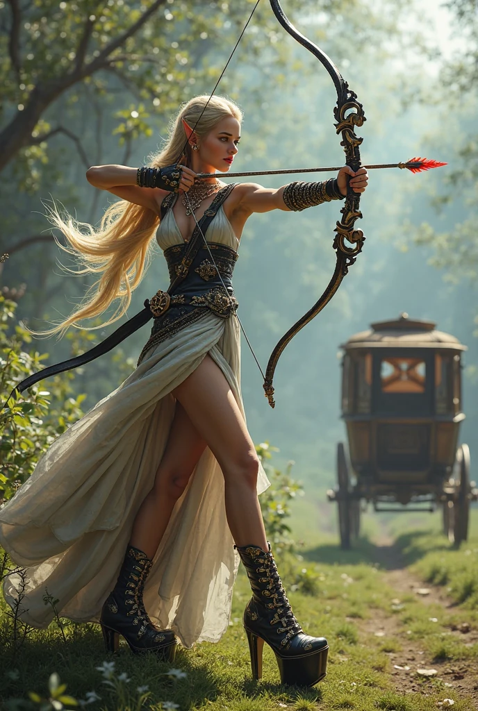 Full body portrait. A very beautiful elven woman carrying a bow and arrow wearing blue and white clothes, walking in the middle of a large marketplace in an elven village. The background of the elven village market selling various beautiful items. This scene is a very detailed and professional 3D digital art masterpiece.