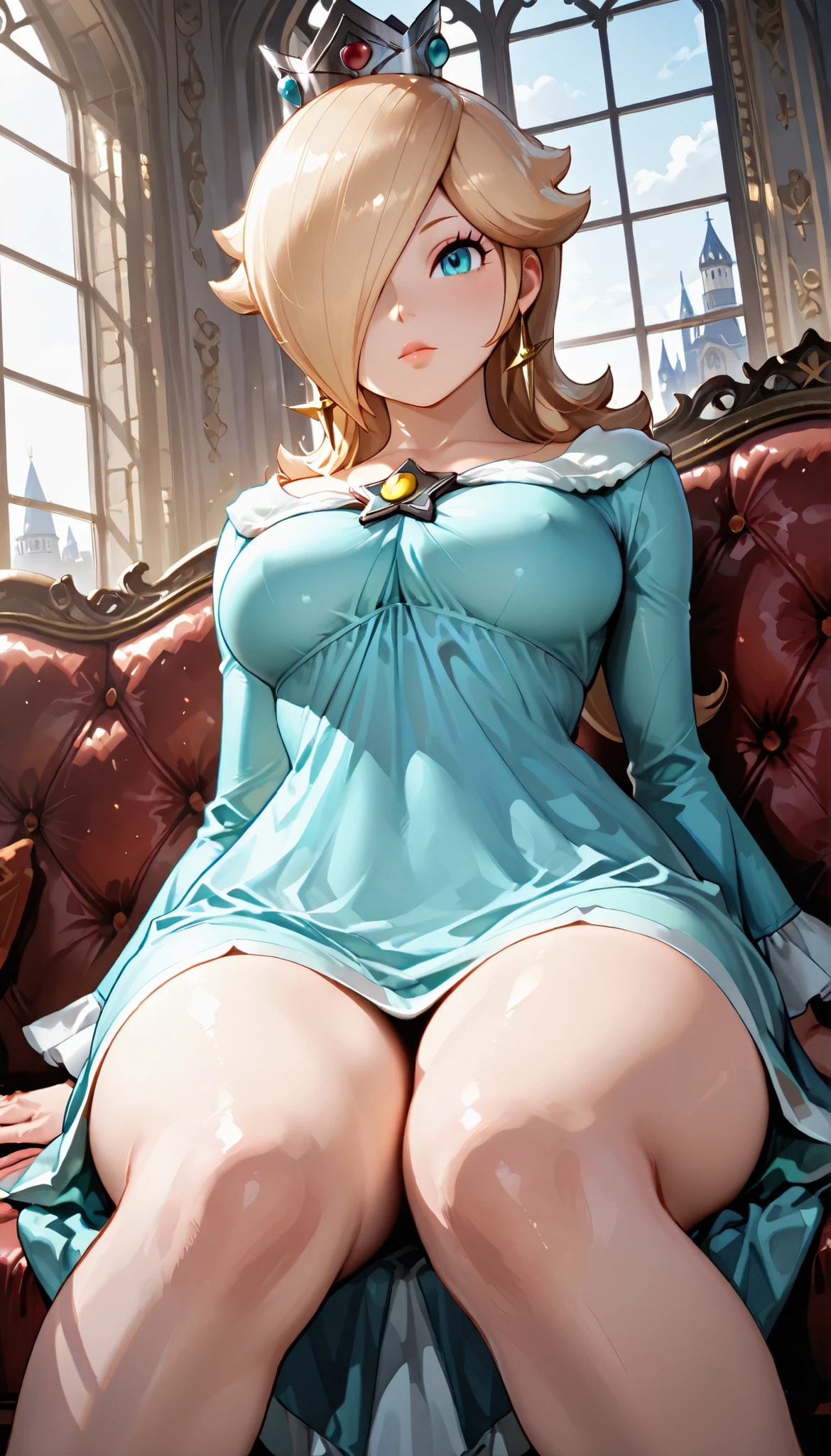A blonde princess wearing a glittering light blue dress、Colossal tits、garterbelts、opening legs、on the beds、pussy juice,vagina,no panties,no bra,clitoris,teats、red blush、Teary-eyed、Luxury bed
