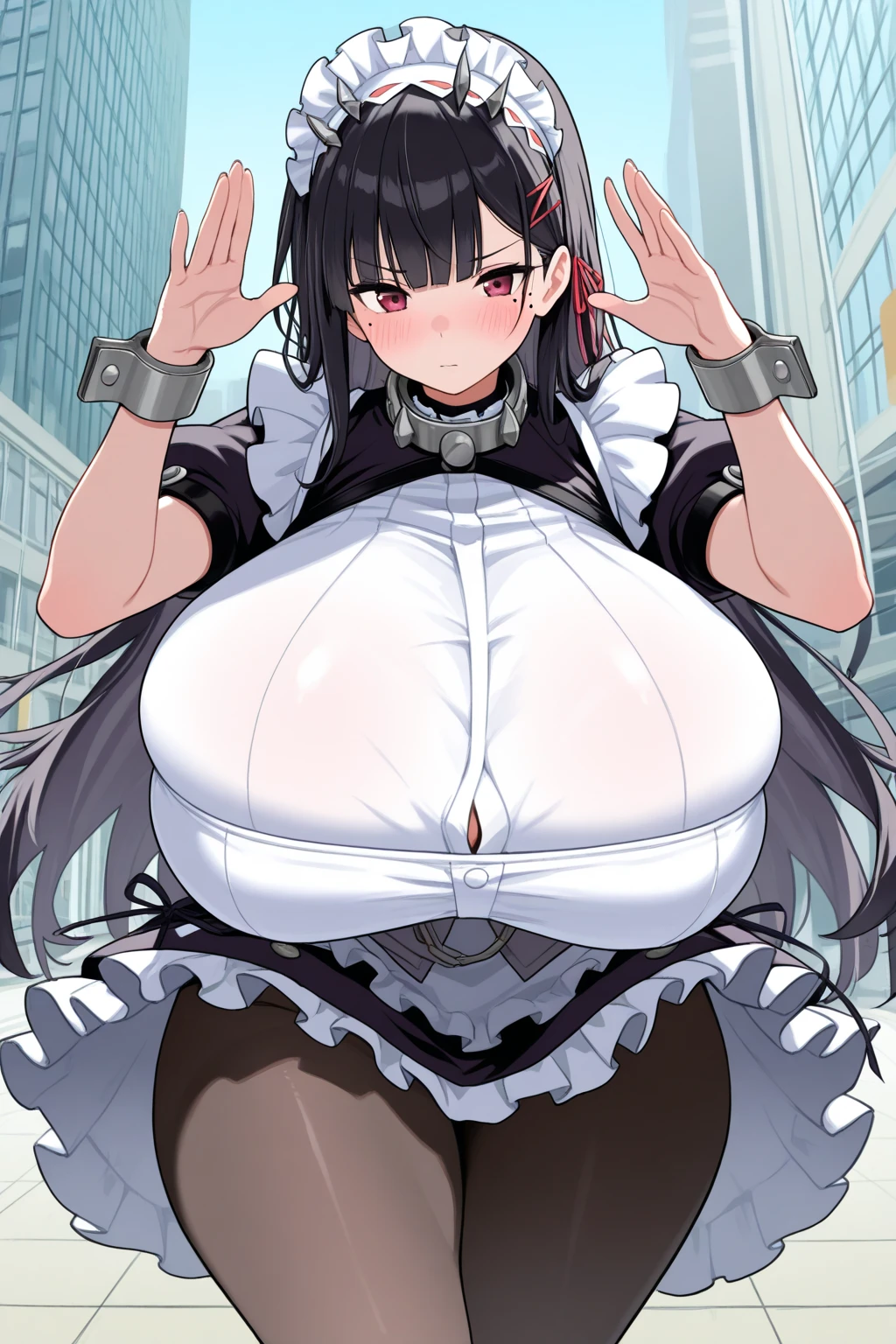 25 year old girl, Italian features, long loose black hair, super mega gigantic breasts, white shirt untied and torn, , black mini skirt, horror movie dungeon, tied to a horror movie torture chair, her arms are tied to the armrests of the chair, she is wearing a slave collar, her breasts are tied together
