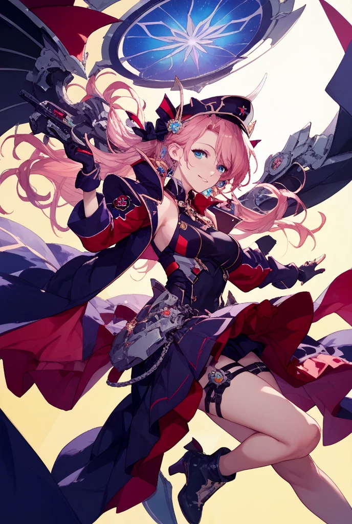 johnston hallowen \(kancolle\), 1girl, breasts, official alternate costume, solo, gloves, thighhighs, garter straps, black gloves, dress, cleavage, black dress, black thighhighs, wings, large breasts, open mouth, single glove, smile, blush, looking at viewer, fang, hair between eyes, leaning forward, fangs, detached sleeves, horns, elbow gloves, bat wings, vampire costume, bare shoulders, hair ornament, original, intricate detail, illustration, masterpiece, extremely detailed CG unity 8k wallpaper, highlight, sharpening, dynamic, <lora:JohnstonHalloween:0.5>