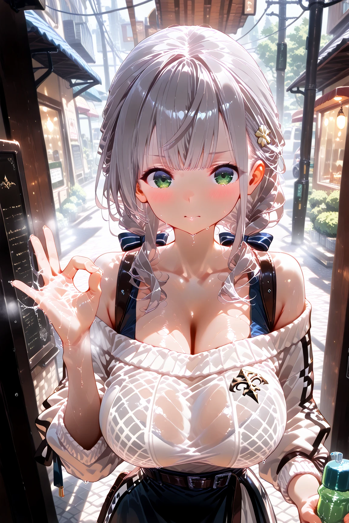 a sexy girl, white hair, in mini sexy lingerie, in mall street, selfie, smile, multiple views, ray tracing, from above, fisheye, close-up, 16k, 8k, highres, best quality, award winning, high quality, high details, super detail, textured skin, anatomically correct, masterpiece