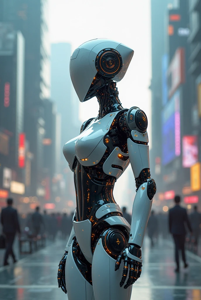A futuristic robot, situated in a contemporary city in the year 2024, appears in this realistic photograph. The high-definition 8K image quality showcases every detail of the robot's metallic surface, from its intricate wiring to the gleaming sheen of its outer shell. The ultra-fine resolution captures every line and curve, making the robot's design look distinctly photorealistic. The cinematic lighting adds depth and dimension to the image, highlighting the robot's dynamic pose and the intricacies of its mechanical components. Real, fotograph, 