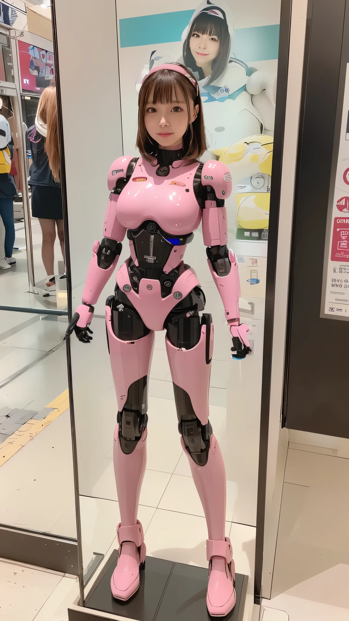 Robot Girl, pink there, Silver, Metallic body, Robot Parts, Metal Parts, Super Detailed Face, Super well-formed face, of the highest quality, a small face, a small head, Brown hair, Slender body, Camera gaze, Internal Mechanical Exposure, Idol, front facing, Well-proportioned body, sale, Exhibited, Event Hall, Moe Pose, police dress Machine Armor, Standing with legs open, Model body type, sad, Embarrassing,(Perfect Robot Girl),(Perfect machine body)