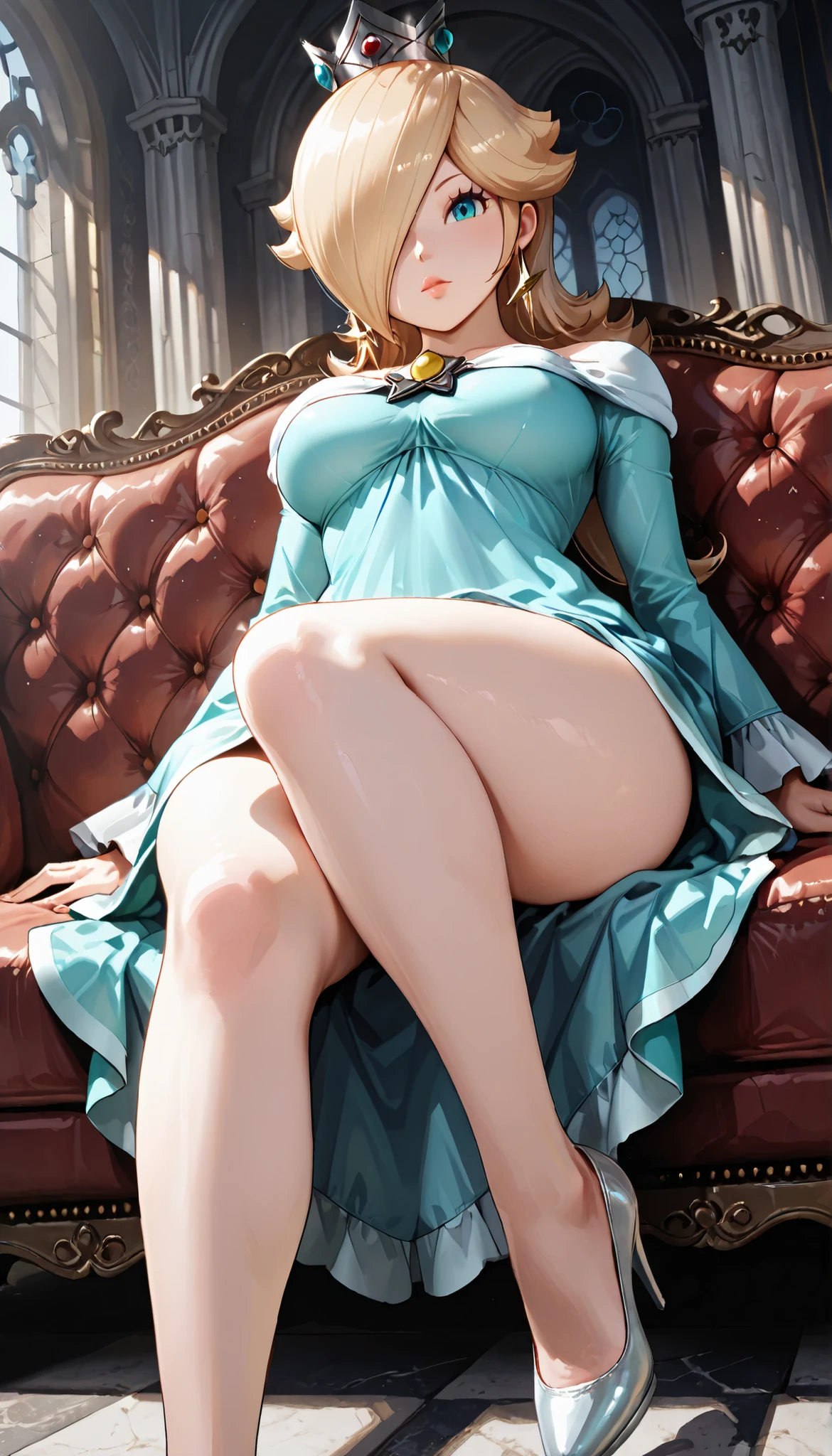 (((Blonde stunning hair))), (blue eyes), blue necklace, Golden earrings, Fit, Gorgeous Body, gorgeous, brown eyebrows, (two moles over lip), big pupils, (23 years old), 1girl,solo, complex skin, warm light, (large breasts), wide thighs, round butt, 5 fingers, ((blushing)), ((detailed face, best quality)), ((masterpiece)), ((ultra-detailed)), (beautiful detailed eyes), red lip, eyeshadow, beautiful face, long hair, very detailed eyes, intricate details in eyes, perfect lips, good lighting, cleavage, ((smug face)), sexy short dress, ((showing off cleavage)), (laying back on bed showing soles to camera, barefoot, feet up, feet focused, smirk:1.4), (full body , from below, pov:1.5)