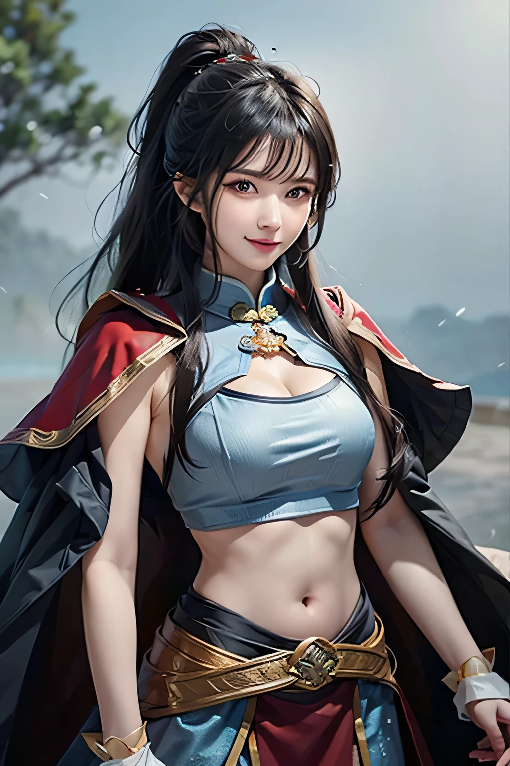 delicated face,Purple bow,Mariner Mars Fire Nori, full bodyesbian,But the upper body is undressed,Japanese sailor suit,White V-neck top,High-waisted red short skirt,The skirt covers the butt,Flesh-colored oily stockings to the waist,White combat gloves,Warrior dress, Short top, , Golden decoration, Star-shaped brooch, Front split design, A red bow is worn on his head,Combat gloves, White high boots, Leggings with flame pattern, Belt detail, High-quality textures, Bright colors,Original manga character setting, Small man's waist,, the golden ratio, Tall and long legs, Vivid and lively expressions, Charming eyes, Delicate and soft skin, Long black hair, Dynamic hairstyle, Smoky makeup, Colorful background, Shine under the stars, Gorgeous city views,Rich and rich colors, high definition detail, Exquisite rendering, Three-dimensional feeling, Realistic image, Use of light and shadow,watery big eyes,(Sword eyebrows:0.1),(tall nose bridge:0.6),(grin:0.6),Long red hair,(huge tit:1.1),red - eyed,Raised sexy,(Big buttocks),Sheer cardigan,slim,(tmasterpiece:1.2,Superb),realisticlying,being thin,age 22,(Real shot, fine Crafted, depth of field), (1girl, solo), makeup, noble, ellegance, Blushlush, dignified, Be proud, self-assured, (white shiny skin), mature,(being thin), (big assa:1.3), bonny, (little mouth),Black super long hair,The body is soaked,There are red bows on the clothes,Gold overwear,hyper HD,8k,Best light and shadow,best shadow,depth of fields,Lots of colored bubbles,Elevation viewing angle,Long-legged visuals,(Extend the legs:1.2),Perspective enhancement,Kicking action,Fire effects,beachside,Sunnyday,Water ripple refraction,Figures standing in the dojo