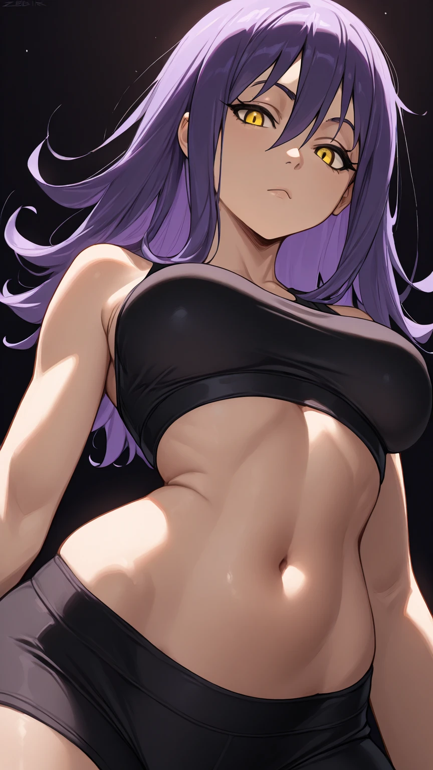 masterpiece, Best quality, 1 Girl, purple hair, long hair, eye patch, Purple eyes, in a crop top and thong