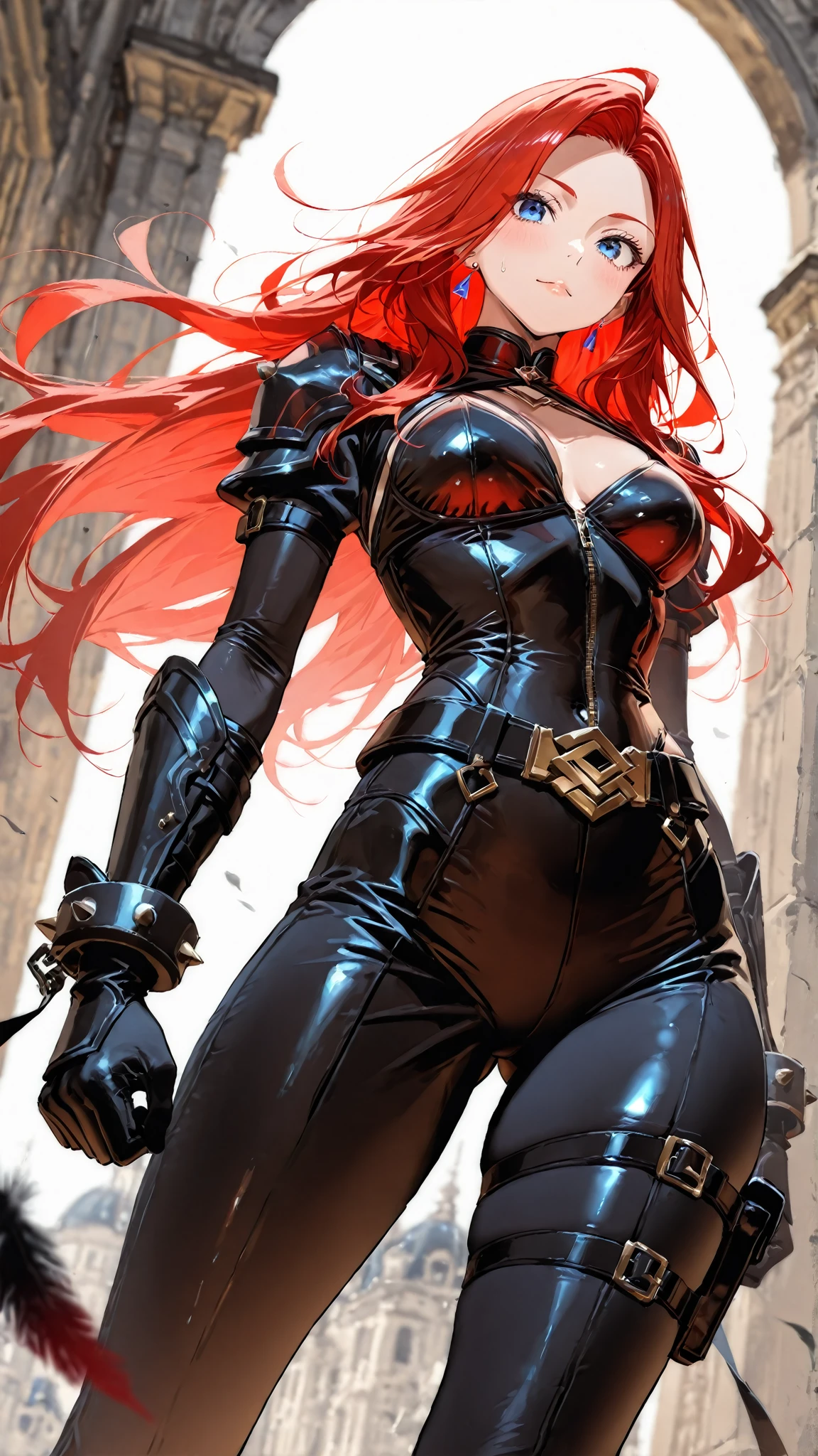 a woman with red lipstick has armor on and is holding a sword, kirijou mitsuru, 1girl, solo, hair over one eye, long hair, (((red hair))), (((red eyes))), weapon, rapier, sword, bodysuit, black bodysuit, grey bodysuit, hand on hip, (((large breasts))), simple background, white background, (purple theme:1.2)