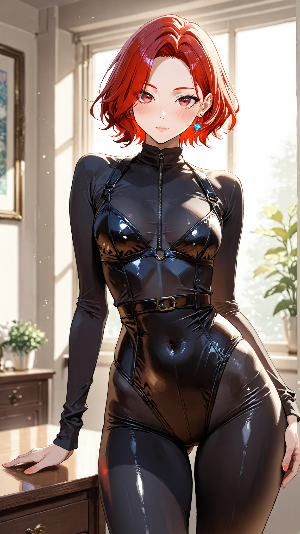 1 woman, (((((UHD))))), (((((masterpiece))))), ((((super detail)))), high details, ((((high quality)))), ((((best quality)))), (((highres))), ((((16k)))), ((Shadows)), ((bright red hair)), hair over shoulder, side swept bangs, ((latex outfit)), heart-shaped pupils, one eye closed, sparkling eyes, ((big beautiful light blue eyes)), grin, bright pupils, (small grin), natural lips, light blush, cheek-to-cheek, sparkle, god rays, backlighting, reflection light, bloom, dutch angle, perspective, from above, from behind, beautiful ass, (tight ass) ((defined jawline)), ultra defintion of skin, beautifully detailed eyes, hands on hips