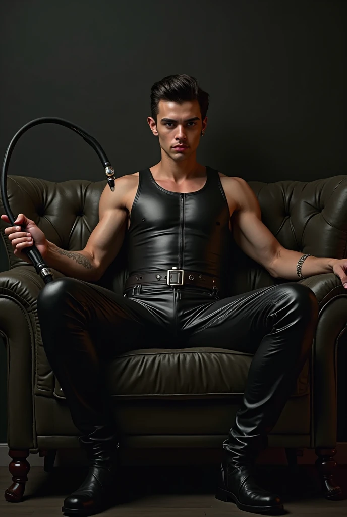 shirtless skinny young men in wet leather pants screams while chained up in basement