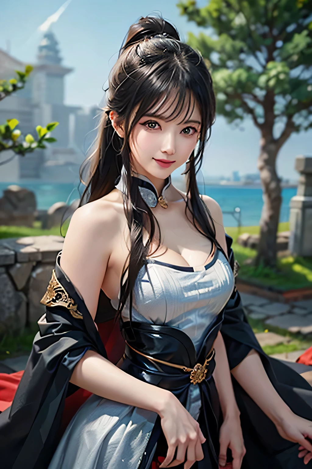 delicated best quality ,masterpiece, illustration, an extremely delicate and beautiful, extremely detailed ,CG ,unity ,8k wallpaper, Amazing, finely detail, masterpiece,best quality,official art,extremely detailed CG unity 8k wallpaper,absurdres, incredibly absurdres, huge filesize , ultra-detailed, highres, extremely detailed,beautiful detailed girl, extremely detailed eyes and face, beautiful detailed eyes,light on face,1girl, (yelan/genshin impact), (Super realistic), (((dark blue hair))), short hair, (Women's short hair highlights), (blue eyes), ((jewelry)), (((describe the arm in detail))), (((Super boobs))), ((Big ass)), ((thighs)), thigh socks, ((Plump body)), (Big breasts), ((Plump boobs)), (detailed description of hair), (condom necklace), (gem earrings), bracelet, ((upper body)), (Bare shoulder), ((collarbone)), ((offshoulder)), (Shiny skin), (Detailed description of eyes), (detailed description of face), (detailed description of body), (white and translucent skin), peerless beauty, (extreme beauty), (red lips), (shy ), ( smile), (facing the viewer), ((facing)), (((cherry blossom))), (falling petal), ((high split cheongsam)), glove, (white fur coat on shoulder), ((Lying on the shore of a lake full of lotus flowers), (She sits gracefully by the tranquil lotus lake, her feet playing in the water, bathed in the soft glow of the moonlight), the water surface is reflective, (any pose), ((There is a lot of water on the body)), pregnant belly