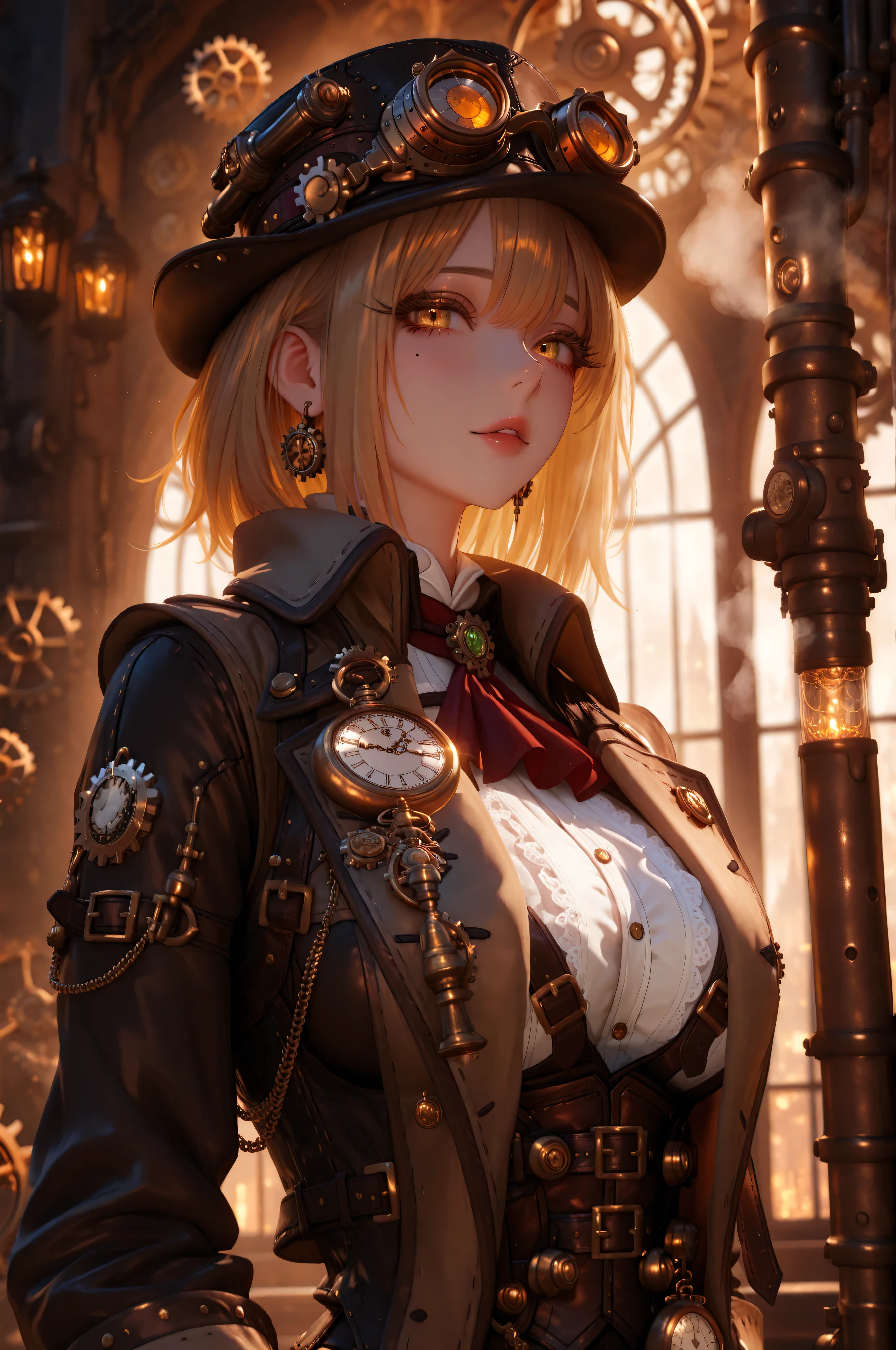 negativeXL_D,Masterpiece, high quality, high resolution, 16K, 3D, meticulously rendered backgrounds, Makoto Shinkai illustrations, hyperrealistic, haunting visual spectacle, vivid colours, cinematic lighting, digital painting, in a Victorian-era steampunk town, wearing brass-rimmed goggles, A wise black female cat detective in a small waistcoat, beautiful face, long eyelashes, golden hair, cat examines a pocket watch surrounded by intricate gears and steam pipes, misty atmosphere, warm golden lighting creates a mysterious atmosphere, ultra-detailed, whimsical Steampunk aesthetic, cinematic lighting