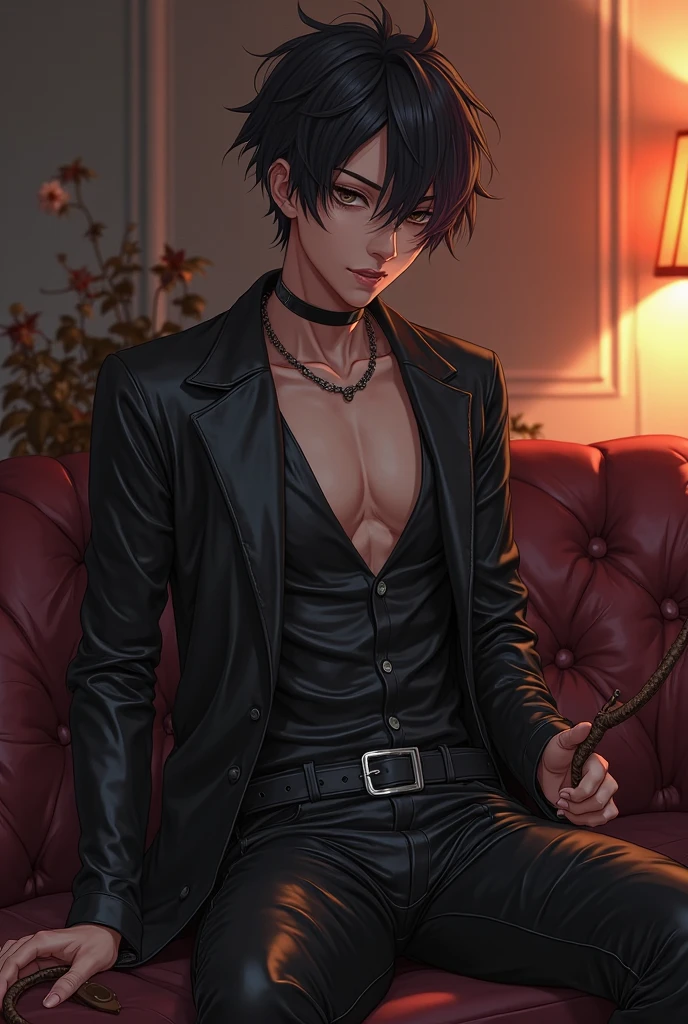 (absurdres, highres, ultra detailed), 1 male, adult, handsome, tall muscular guy, broad shoulders, finely detailed eyes and detailed face, black very long hair, gray eyes, handsome, fantasy, gothic, wolf ears, wolf tail, Sunlight, Fantastic light and shadow, Scenery, portrait, vampire fangs, open mouth, sexy, attractive, full body, tongle, no clothes, no shirt,, Dog Collar, bangs, cute face, sitting on the couch, black leather pants, no shirt