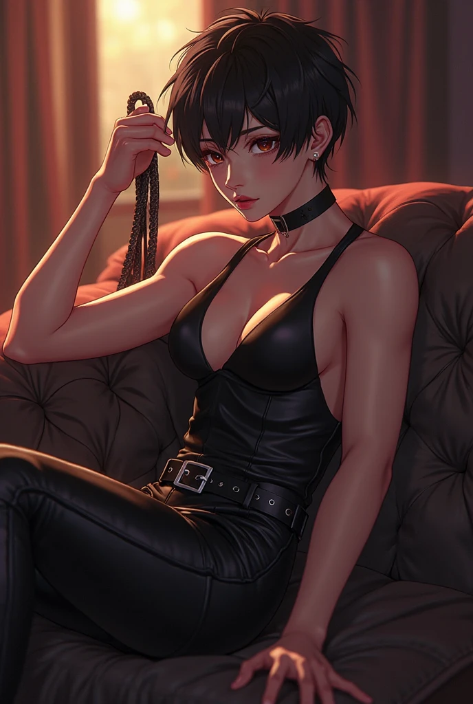 (Masterpiece, Best Quality, Ultra High Resolution , Digital Art,Beautiful and Aesthetic ) . ( One Fashionable adult girl with a short oblique bob, slender figure, expressive and dominating look ) in modern men's suit in youth style , matte black color , lovely thin white but long tie , (silk thick threads of red color connect the necklines on the sides of the whole suit) , . The character sits on a large massive sofa with lots of leather and metal patterns on it in vintage style , an interesting and atmospheric pose that characterizes the character , .