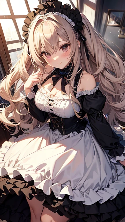 ((Biologically correct limb count))、((whole body including face))、4K、Masterpiece、((Focus on the face))、((Symmetrical, well-proportioned facial features))、Eyes with delicate depictions、(((1 person)))、Beautiful woman、Outstanding style、Slender Body、((Headband、Orange Gothic Lolita、Gothic Dress、(High heels)))、(((Stand on a suspension bridge)))、(smile）、(Close-up photo of the upper body）、High angle、Stop and look up、