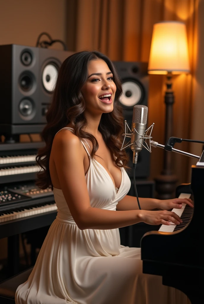 This woman's name is Ailina. Ailina is 18 years old and of Russian origin, living in America. She has wheat-colored skin, brown eyes, and wavy hair. Ailina has prominent jawlines and slightly full lips. She is laughing softly, showcasing a big gold necklace around her neck. The photo is a full-body shot in warm lighting with dramatic shadows, vibrant colors, photorealistic quality, and extremely detailed 8k resolution. Ailina is sitting at a grand piano in a professional music studio, her fingers gracefully positioned on the keys. The background features acoustic panels, a large mixing board, and soft ambient lighting, creating a warm and inviting atmosphere.