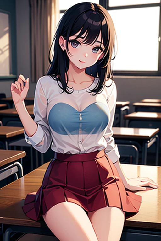 (Tabletop, highest quality, High resolution, , Perfect Pixel, 4K,), 1 girl, single, alone, Beautiful woman、I could see the whole body、 ((Wavy mid-length hair, bangs, Brown Hair)), ((Brown eyes, Beautiful eyelashes, Realistic eyes)), ((Detailed face, blush:1.2)), ((Smooth texture:0.75, Realistic texture:0.65, Realistic:1.1, Anime CG Style)), Medium Chest, Dynamic Angle, Perfect body, female teacher、((, White sleeveless top、Dark Blue Long Pleated Skirt、Black Stockings、Cute Necklace、Earrings、)), look up、A shy smile、Accentuate your breasts、Put your hands behind your back and stick out your chest、)、Angle from below、classroom、Sitting on the floor、、
