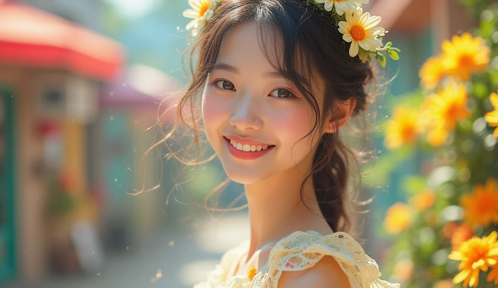 Best quality, masterpiece, ultra high res, (photorealistic:1.4), raw photo, 1girl, white dress, off shoulder, blossom flower field, glowing skin, light smile --auto --s2