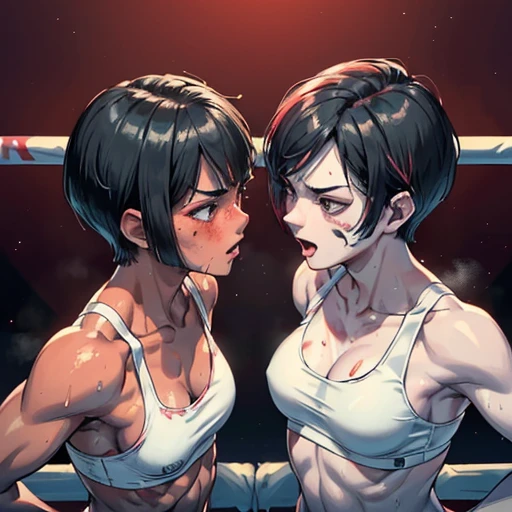 naked two cute japanese high school girl fighters are punching so hard each other in a ring. punch with all their might. dynamin action. thire body and face have bruises and blood all over her body and face. Muscular bodies. Six-pack abs. they have short-cut black hair, shortness of breath, drool from her mouth, one closed eye, exhaustion, and sweat soaked.
