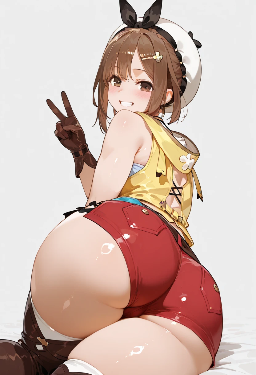 (Highest quality, 8K, masterpiece :1.3),Lizaリン・シュタウト(Lizaのアトリエ),Liza,Plump, One woman,Large Breasts,short hair,Brown Hair,hair band,Clothing,hat,White shirt,Yellow and white vest,Red shorts,Brown long boots,Full Nelson,Leg spread,nsfw,Sex,Armlock,The faceless boss