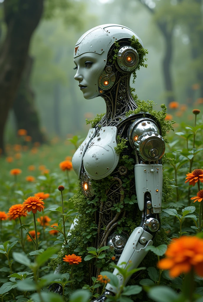 photo of a decayed female robot with the top half of her head cut off, no brain, instead filled with maggots, worms and plants and flowers, half of body is melted into the ground, eyes closed, wet with rain, masterpiece, high res, intricate, professional, photorealistic, dark forest background