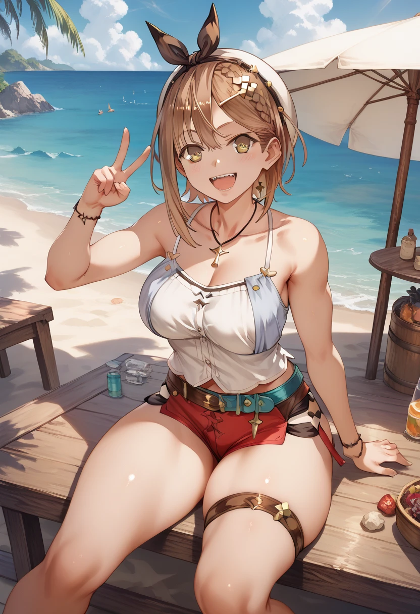 masterpiece, best quality, 1girl, solo, almeida, black bikini, open shirt, carrying bag, large breasts, open mouth, :d, waving, cowboy shot BREAK beach, ocean, sand, clouds, parasol, rocks, island <lora:Almeida (Granblue Fantasy):1>