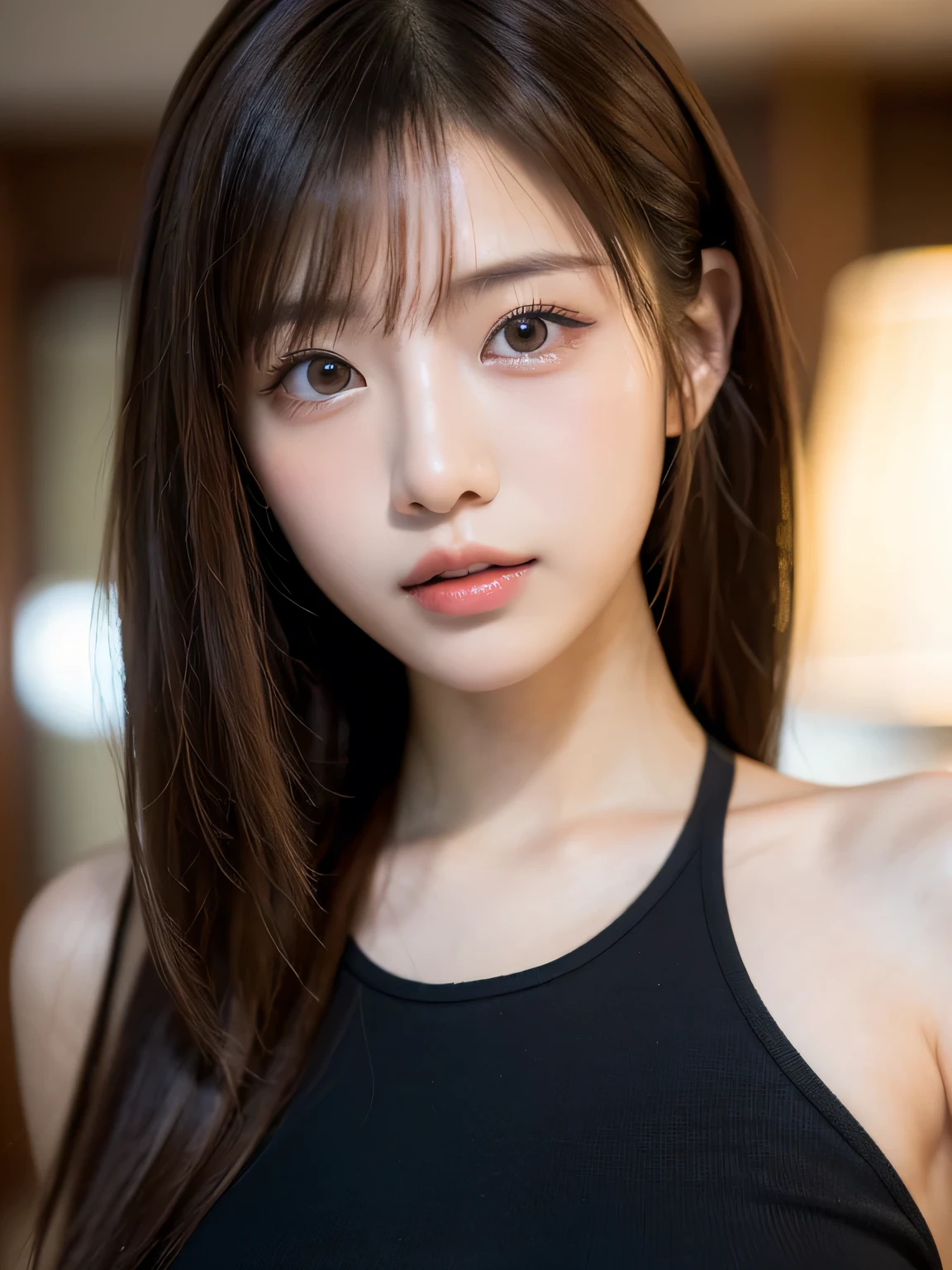 Lipstick in hand,Cosmetics commercial style,Commercial filming studio,close up face,Black Dresses,The highest image quality, High quality, the background is clear,Beautiful woman, Japanese,Ultra-detailed, finely detail, hight resolution, 8k Wallpaper, Perfect dynamic composition, Beautiful detailed eyes , Detailed, Detailed eyes, Detailed skin, Beautiful skin, 超hight resolution, (reality: 1.4),Very beautiful woman, Slightly younger face, Beautiful skin, slender, (Ultra photo realsisim), (hight resolution), (8k), (Very detailed) (beautifully detailed eyes), (super detailed), (Detailed face), view the viewer, Fine details, Detailed face, Staring straight ahead, Staring straight ahead, photos realistic, Bright lighting, Professional Lighting, Black hair,poneyTail,a baby face,sixteen years old,Hairstyle: ponytail,Long ponytail hairstyle,slight smile,Beautiful Japanese KPOP idol photo, hair style is ponytail, my eyes are double and wide, baby face, smile and look straight ahead, slender, small breasts,Close up face,